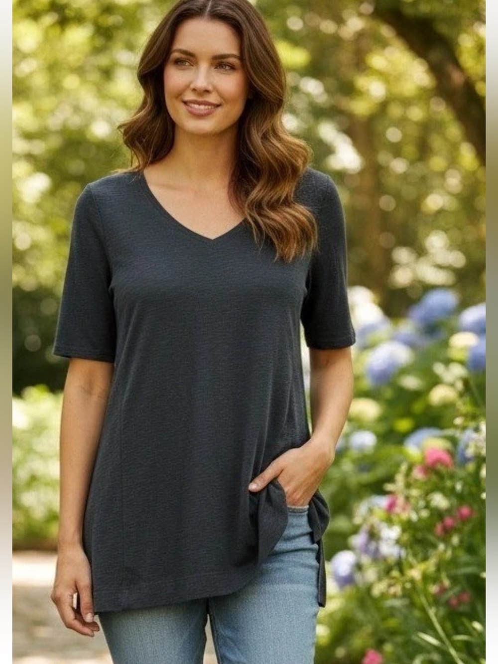 J.Jill Pima Cotton Elbow-Sleeve Tunic V-Neck Black Top Women's Sz L  Minimalist